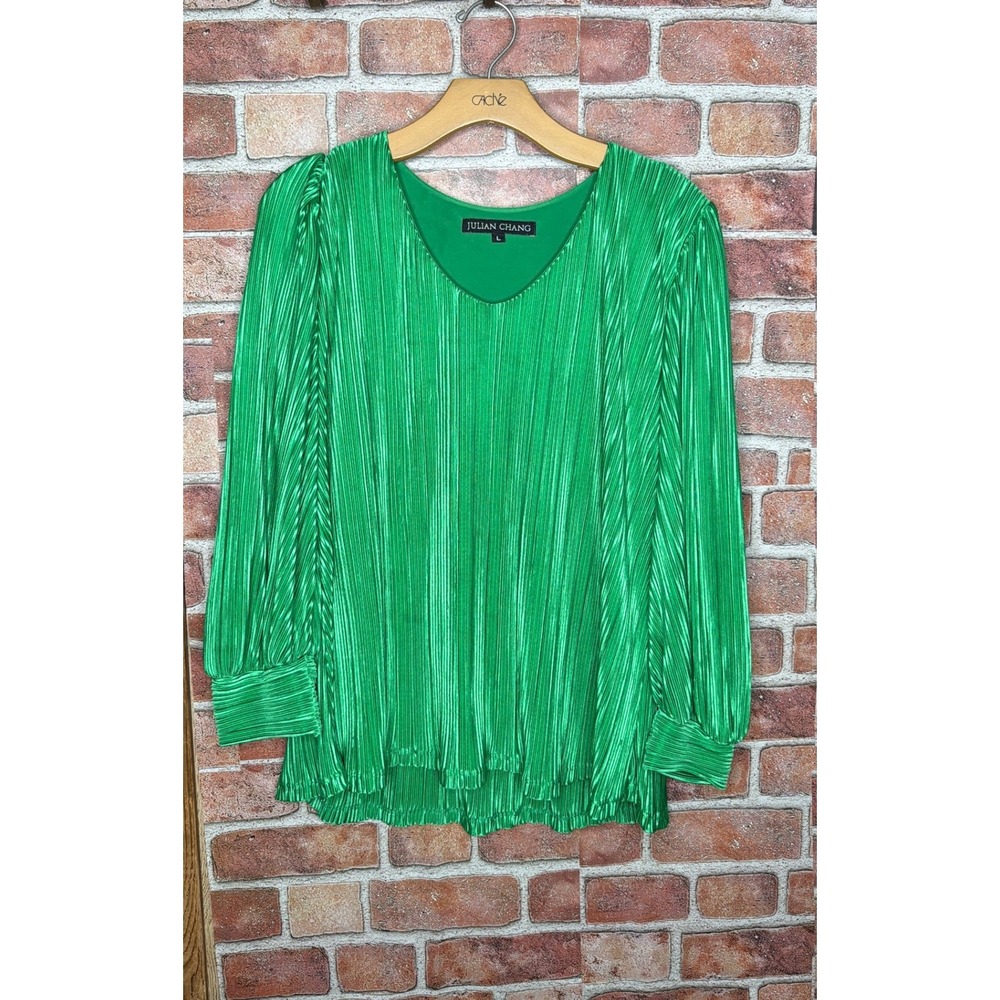 Julian Chang Green Plisse Pleated V-Neck Blouse Long Sleeve Top Womens Large